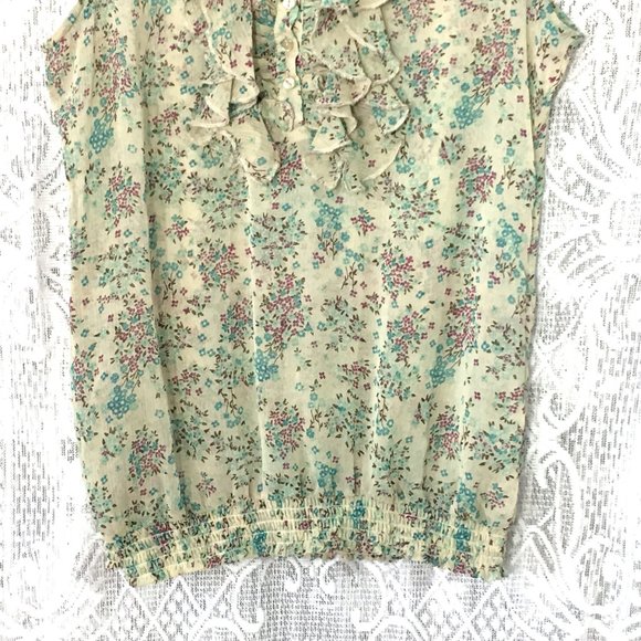 Grane Floral Tank Top L Purple Aqua Blue Creme Tan Semi Sheer Stretch Ruffle - Picture 3 of 9